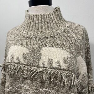LOFT Women XL Polar Bear Fringe Mock Neck Sweater Oatmeal Knit Pullover Cabin
